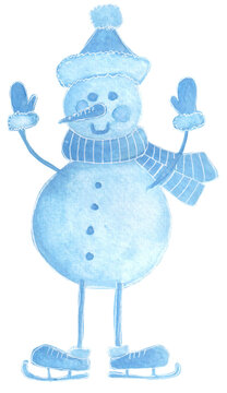 Ice skating Snowman png watercolor drawing blue happy ice skating snowman hand drawn clipart 