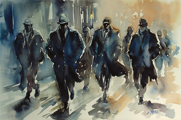mafias with guns running to the car in the night time watercolour Generative AI