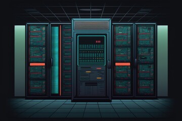 Server Room with Rows of Servers and Network Equipment. Generative AI