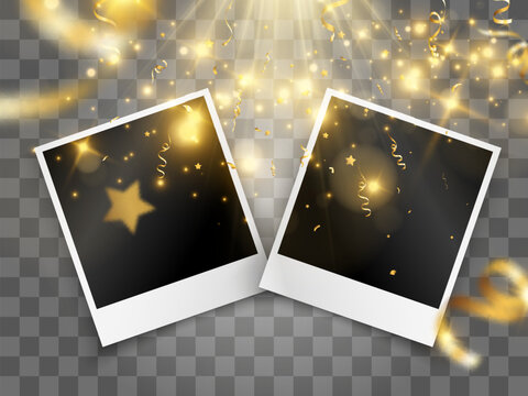 Congratulatory photo frame with golden confetti.

