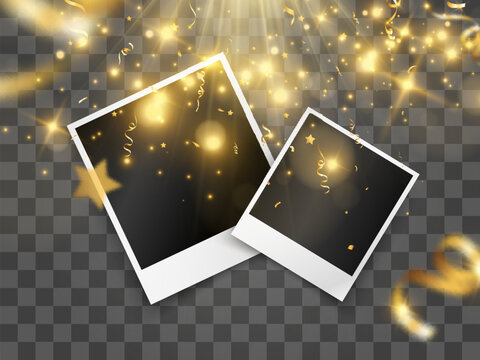 Congratulatory photo frame with golden confetti.
