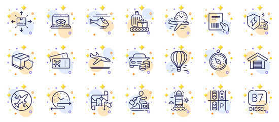Outline set of Flight time, Baggage belt and Online delivery line icons for web app. Include Destination flag, Air balloon, Cardboard box pictogram icons. Delivery insurance. Vector
