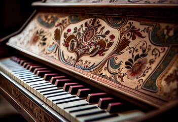 Fototapeta na wymiar Antique retro medieval piano harpsichord decorated with patterns isolated on white close-up. Generative AI