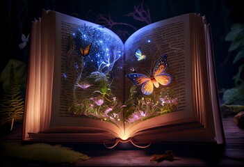 Open magic book with growing lights, magic powder, butterflies. Magic book of elves in the fairy forest. Generative AI