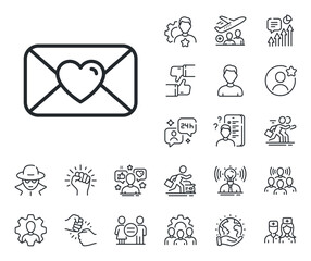 Love letter symbol. Specialist, doctor and job competition outline icons. Valentines day mail line icon. Heart sign. Valentine line sign. Avatar placeholder, spy headshot icon. Strike leader. Vector