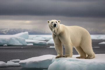 Plakat Lonely polar bear standing on top of a singular ice shell, climate change - Generative AI