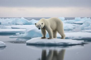 Naklejka na ściany i meble Lonely polar bear standing on top of a singular ice shell, climate change - Generative AI