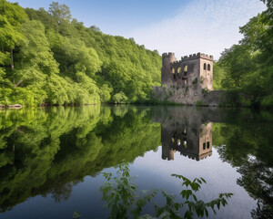 Fototapeta na wymiar Hidden and abandoned overgrown castle on a lakeside, blue sky with green forest around - Generative AI