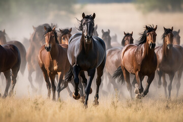 Fototapeta premium Horses running in a dusty field on a sunny day, looking majestic - Generative AI