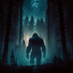 Mystical bigfoot on the background of the night forest - obrazy, fototapety, plakaty