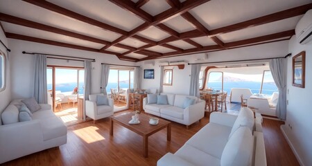 Fototapeta na wymiar Living the Dream: A Cozy Interior of a Houseboat in Santorini, Greece generative ai