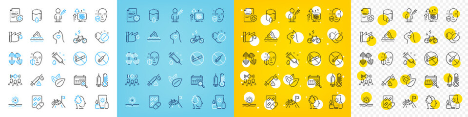 Vector icons set of E-bike, No sun and No smoking line icons pack for web with Medical staff, Mountain bike, Blood donation outline icon. Medical pills, Drop counter, Capsule pill pictogram. Vector