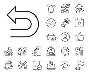 Left turn direction symbol. Salaryman, gender equality and alert bell outline icons. Undo arrow line icon. Navigation pointer sign. Undo line sign. Spy or profile placeholder icon. Vector