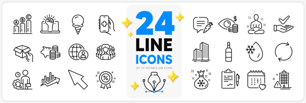 Icons set of Healthcare calendar, Inspect and International recruitment line icons pack for app with Piggy bank, Growth chart, Yoga thin outline icon. Skyscraper buildings, Women group. Vector