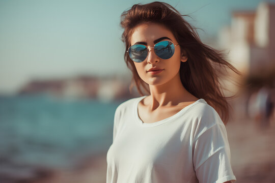 Gorgeous summer girl in beach wearing clean white shirt and sunglass, white t shirt mockup, Turkish woman in beach