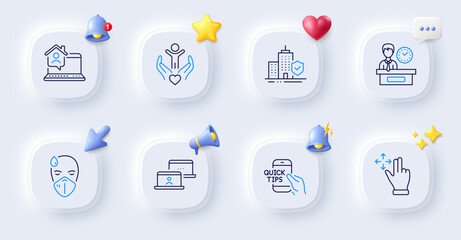 Volunteer, Outsource work and Apartment insurance line icons. Buttons with 3d bell, chat speech, cursor. Pack of Education, Work home, Presentation time icon. Sick man, Move gesture pictogram. Vector
