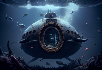 Fototapeta na wymiar Captain Nemo Nautilus Submarine Attack. Generative AI