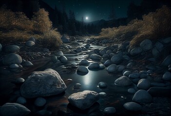 forest river with stones on shores at night. Generative AI