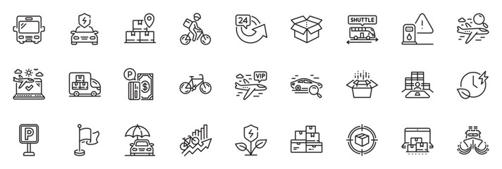 Icons pack as Training results, Bus and Search flight line icons for app include Online storage, Eco power, 24 hours outline thin icon web set. Delivery bike, Packing boxes. Vector