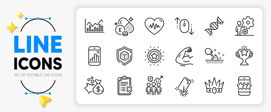 Job, Strong arm and Skin moisture line icons set for app include Star, Smartphone broken, Graph phone outline thin icon. Scroll down, Vitamin e, Crown pictogram icon. Chemistry dna, Dice, Loan. Vector