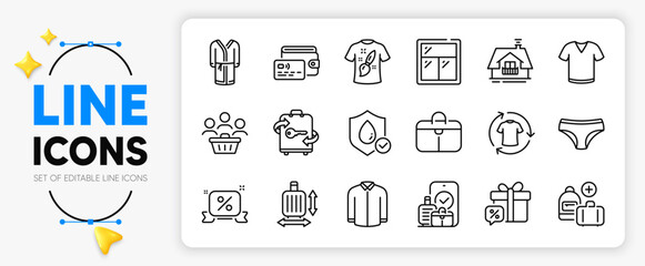 Baggage size, Panties and Luggage line icons set for app include Sale gift, Discounts ribbon, Shirt outline thin icon. Balcony, Carry-on baggage, Handbag pictogram icon. T-shirt, Wallet. Vector