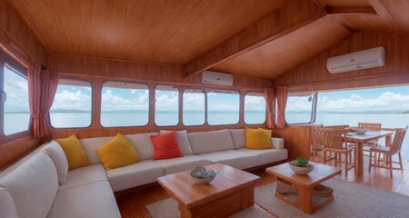 Obraz na płótnie Canvas Finding Home: A Costa Rican Coastal Living Room on a Houseboat generative ai