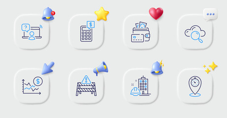 Cloud computing, Money and Warning road line icons. Buttons with 3d bell, chat speech, cursor. Pack of Timer, Dollar rate, Online question icon. Calculator, Construction building pictogram. Vector