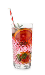 Glass of tasty blood orange lemonade isolated on white background