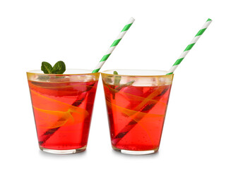 Glasses of tasty blood orange lemonade isolated on white background