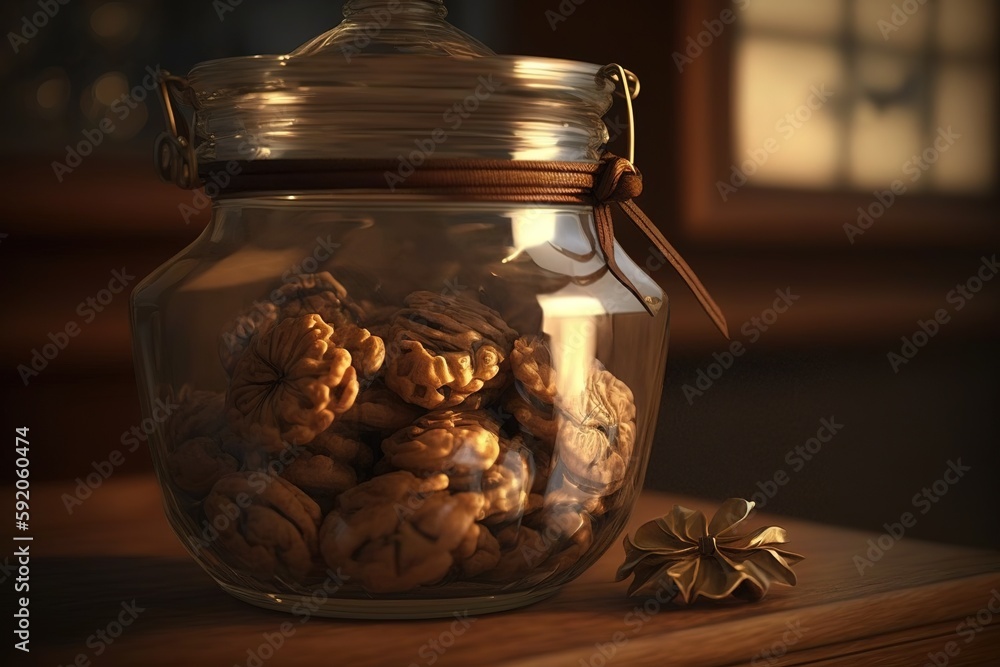 Aufkleber cookies in the form of walnuts, stored in a jar. generative ai