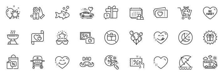 Icons pack as Photo camera, Be sweet and Smile face line icons for app include Father day, Balloon dart, Balloons outline thin icon web set. Sale bags, Bus travel, Surprise gift pictogram. Vector