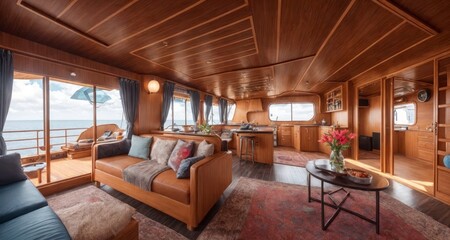 Fototapeta na wymiar Living in Luxury: An Exotic Houseboat Interior in Cape Cod generative ai