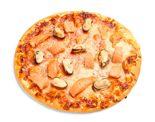 Tasty seafood pizza isolated on white background