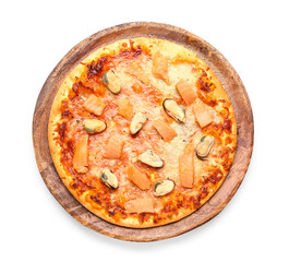 Plate with tasty seafood pizza isolated on white background