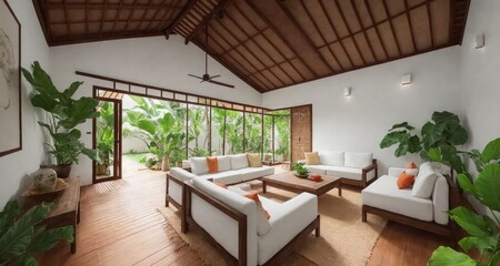 Obraz na płótnie Canvas A Refreshing Tropical Living Room in a Bali Indonesia Bungalow generative ai