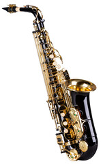 black golden shiny metal alto  saxophone musical instrument isolated white background. brass jazz music concept