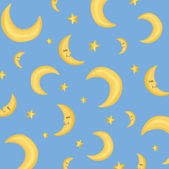 Obraz na płótnie Canvas Pattern cute moons on the blue sky. In cartoon style