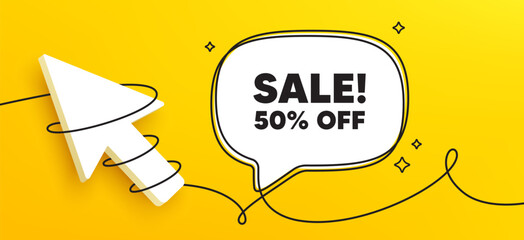 Sale 50 percent off discount. Continuous line chat banner. Promotion price offer sign. Retail badge symbol. Sale speech bubble message. Wrapped 3d cursor icon. Vector