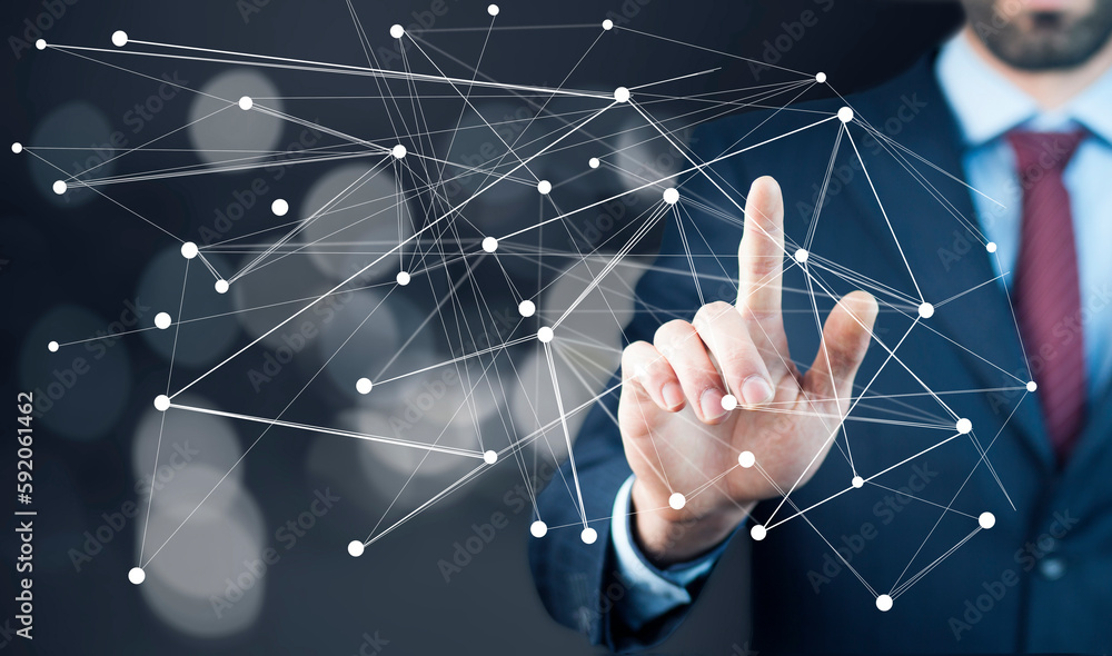 Poster global network. blockchain. illustration. neural networks and artificial intelligence