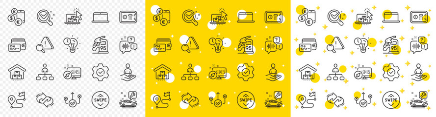 Outline Journey, Attention and Web system line icons pack for web with Chemistry lab, Petrol station, Correct way line icon. Management, Car service, Laptop pictogram icon. Execute. Vector