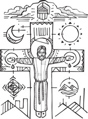 Hand drawn illustration of Jesus' Crucifixion.