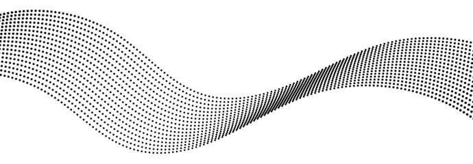Halftone dots on white background. Beautiful wave shaped array of black dots. Vector illustration