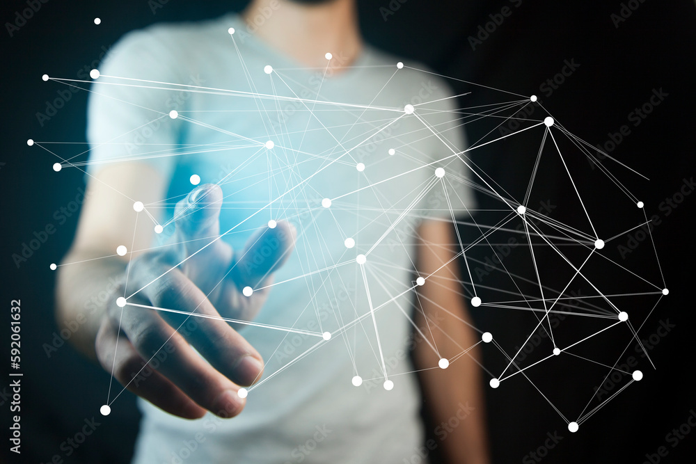 Poster global network. blockchain. illustration. neural networks and artificial intelligence