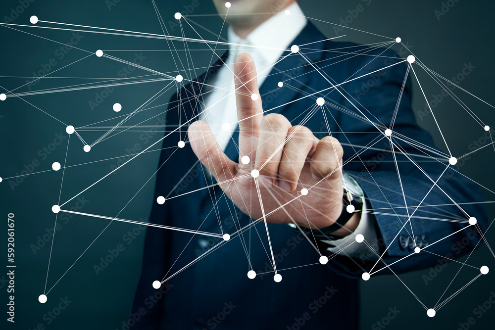 Poster global network. blockchain. illustration. neural networks and artificial intelligence