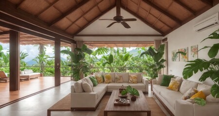 Relaxing in Tropical Luxury: Costa Rica Villa Living Room Interior generative ai - 592061655