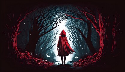 Little Red Riding Hood in the reddish forest comes into the light