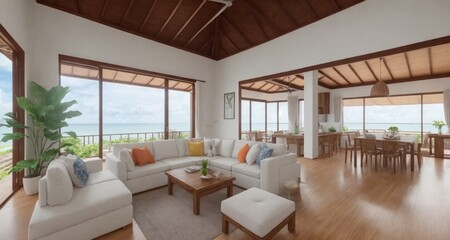 Fototapeta na wymiar Coastal Luxury Living Room in a Bali Indonesia Estate generative ai