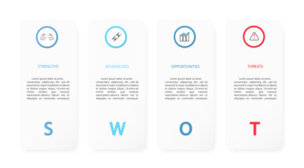 Swot infographic analysis template. strength,weakness,opportunities,threats.Background with icon and Four colorful elements. Vector illustration