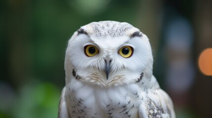 Obraz premium Wild snowy owl portrait. White spotted owl looked at camera. Bubo Scandiacus bird. Generative AI image