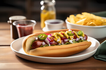 grilled hot dog with toppings, chips, and condiments on a white plate, under natural lighting